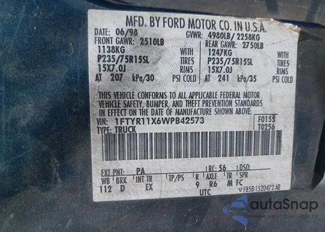 1998 Ford Ranger Splash/Xl/Xlt z USA, uszkodzony, nr VIN 1FTYR11X6WPB42573